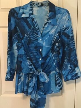 Lafayette 148 New York Blue Abstract Tie-Front Blouse